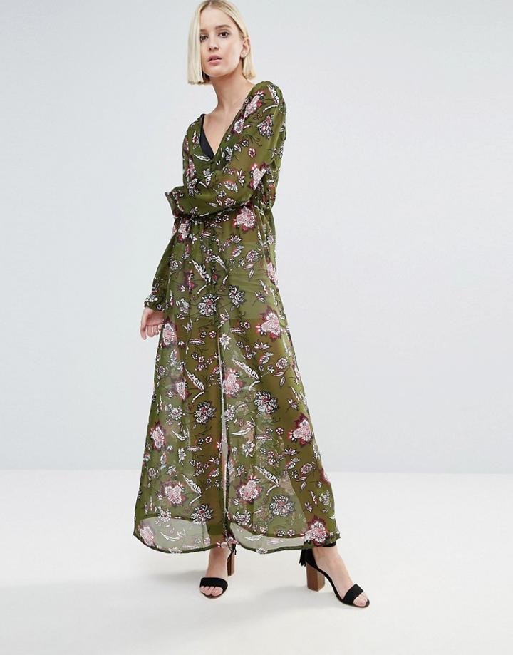 Brave Soul Long Sleeve Printed Dress With Slit - Green