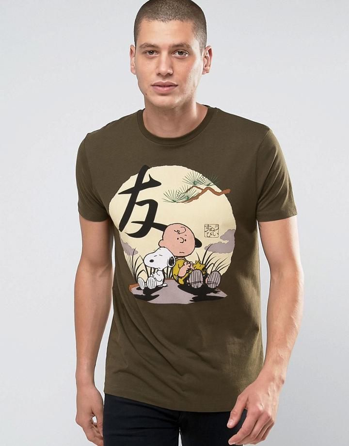 Asos Longline T-shirt With Peanuts Oriental Print In Khaki - Green