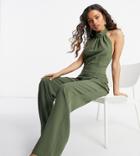 Vesper Petite High Neck Wide Leg Jumpsuit In Khaki-green