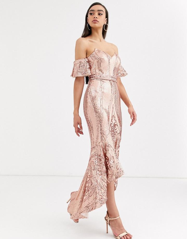 Bariano Bardot Midi Sequin Dress With Dip Hem In Rose Gold