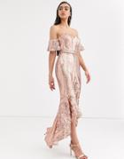 Bariano Bardot Midi Sequin Dress With Dip Hem In Rose Gold