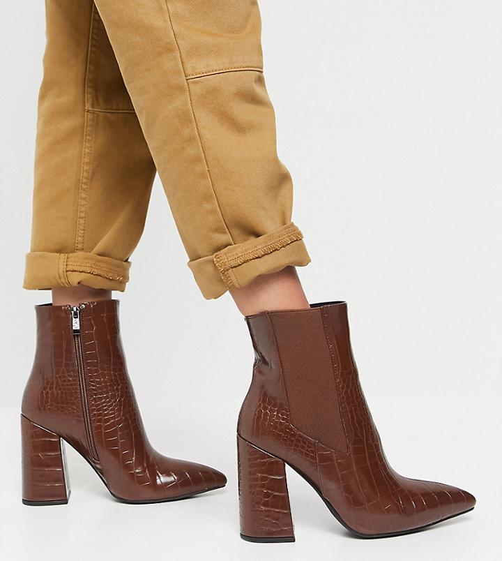 Simmi London Wide Fit Block Heeled Ankle Boots In Tan Croc-brown