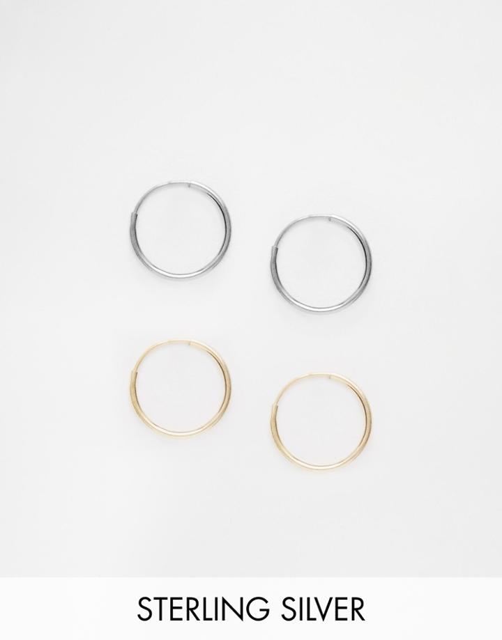 Asos Pack Of 2 Mixed Plated Sterling Silver 9mm Hoop Earrings - Mixed Metal