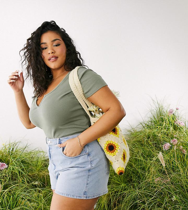 Asos Design Curve Fitted Top With Notch Neck In Khaki-green