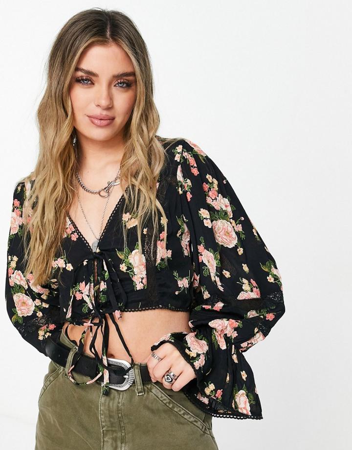 Asos Design Long Sleeve Plunge Top With Lace Insert In Floral Print - Part Of A Set-multi