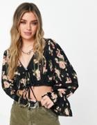 Asos Design Long Sleeve Plunge Top With Lace Insert In Floral Print - Part Of A Set-multi