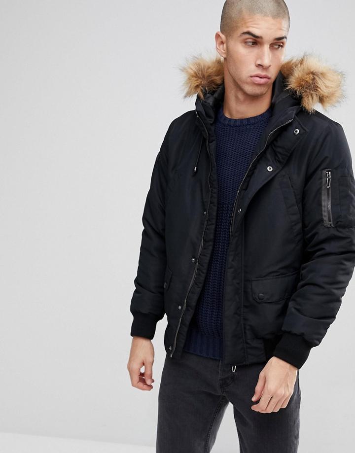 Only & Sons Padded Jacket With Removable Faux Fur Hood - Black