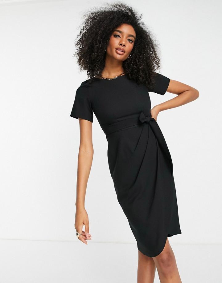 Closet London Cap Sleeve Tie Waist Pencil Dress In Black