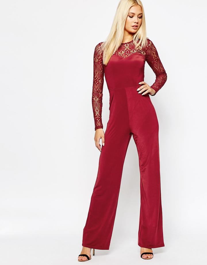 Missguided Flared Lace Jumpsuit - Wine