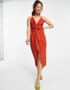 Asos Design Linen Plunge Knot Front Cami Midi Dress-brown