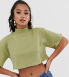 Asos Design Petite Super Crop High Neck Tee In Khaki - Pink