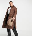 Violet Romance Plus Longline Diamond Quilt Puffer Coat With Funnel Neck In Chocolate Brown