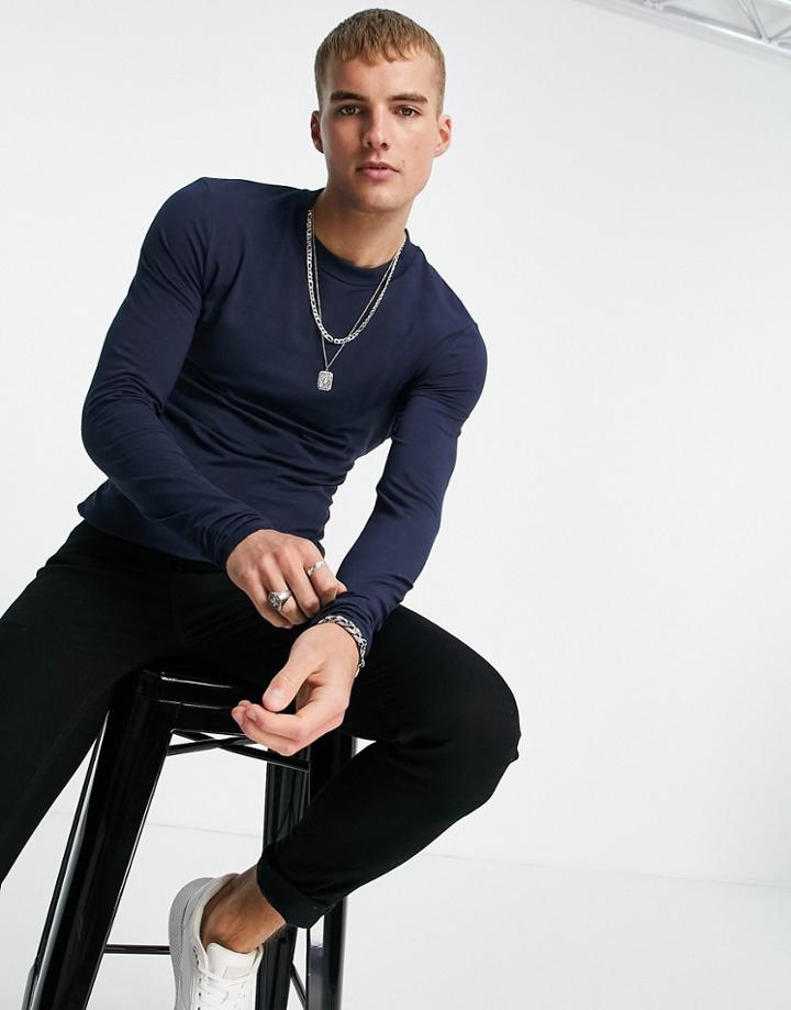 Asos Design Muscle Fit Long Sleeve T-shirt With Crew Neck In Navy