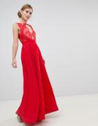 Asos Design Premium Scallop Lace Top Pleated Maxi Dress-red