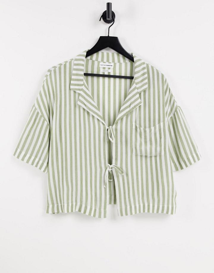Native Youth Open Tie Front Holiday Shirt In Stripe-green