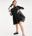 Asos Design Petite Oversized Mini Smock Dress With Dropped Waist In Black
