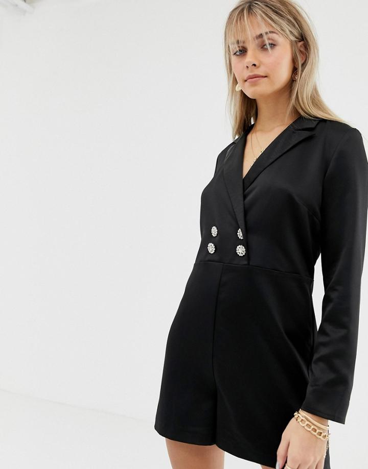 Reclaimed Vintage Inspired Tux Romper With Vintage Button Detail - Black