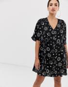 Asos Design V Neck Button Through Mini Smock Dress In Zodiac Print - Multi