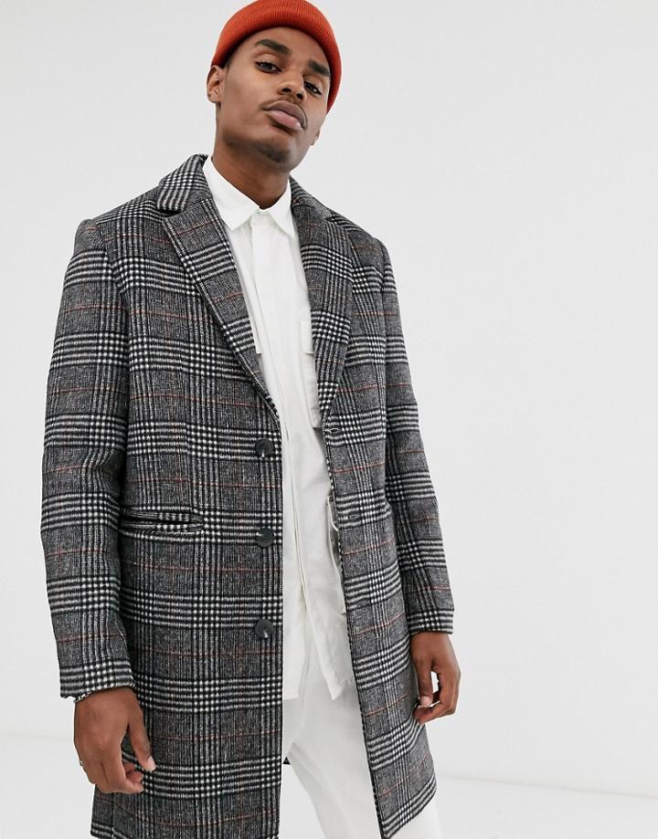 Asos Design Wool Mix Overcoat In Gray Check