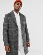 Asos Design Wool Mix Overcoat In Gray Check