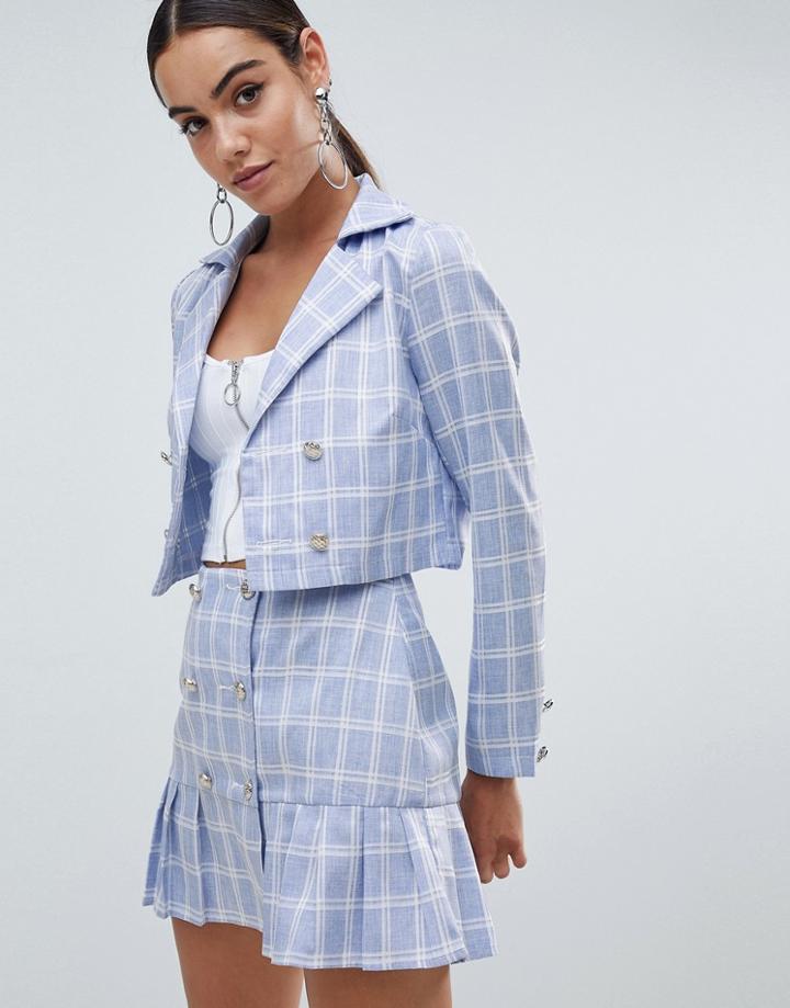 Missguided Cropped Check Tailored Jacket - Blue
