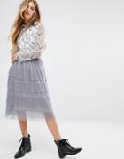 Navy London Midi Skirt With Tiered Layers In Mesh - Gray