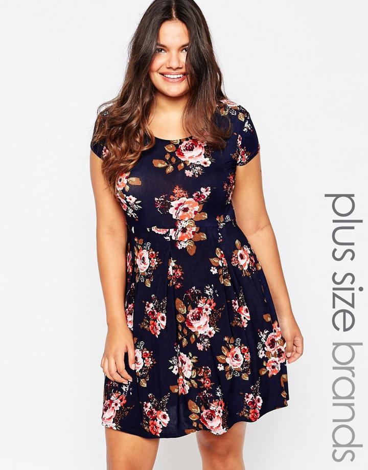 Praslin Plus Skater Dress In Floral Print - Floral Navy