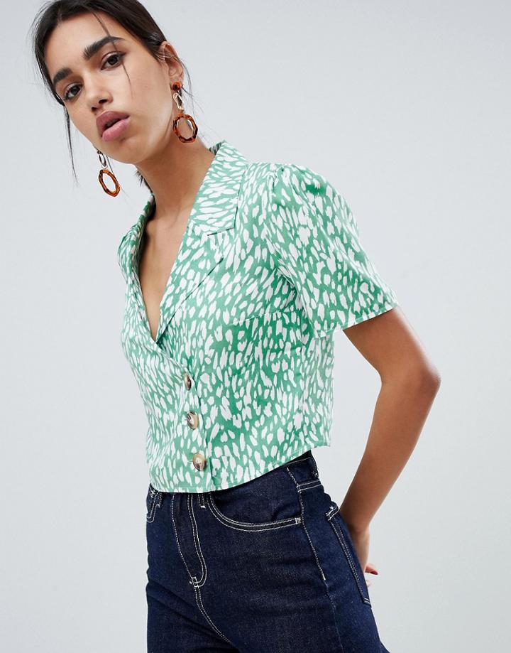 Asos Design Boxy Top With Button Front In Green Leopard Animal Print Two-piece-multi