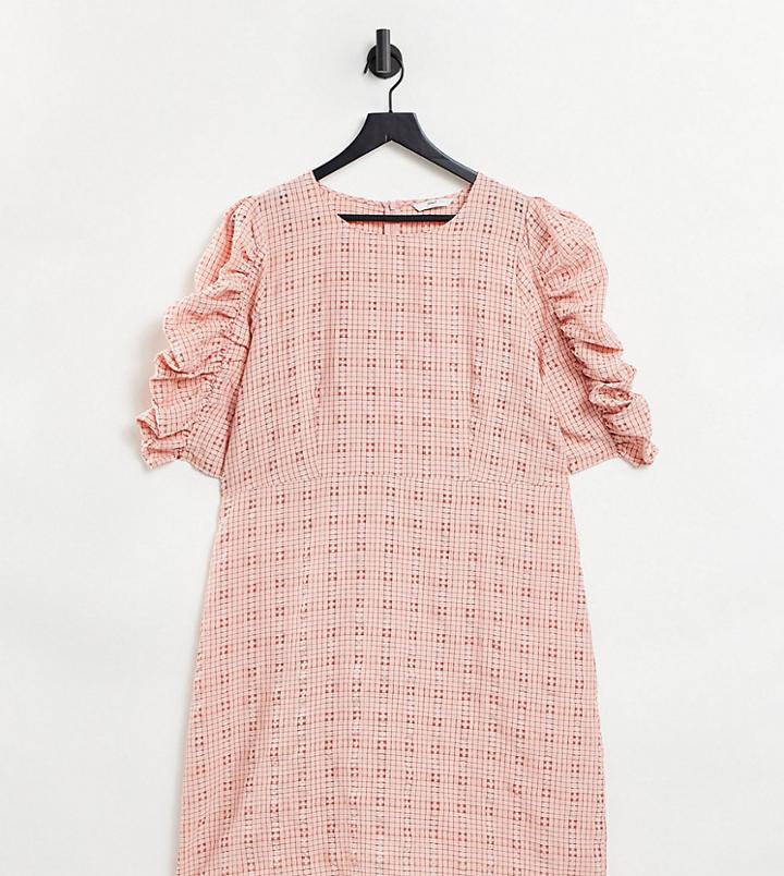 Only Tall Textured Mini Dress With Ruched Sleeves In Pink Check