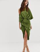 Asos Edition Drape Asymmetric Midi Dress In Satin-green