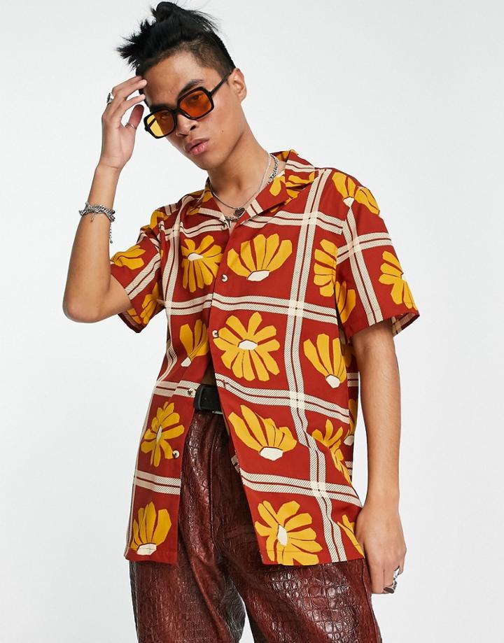 Asos Design Revere Shirt In 70s Floral Print-brown