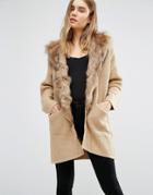 Qed London Longline Cardigan With Faux Fur Trim - Brown