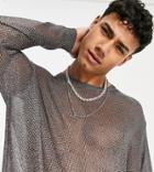 Asos Design Knit Metallic Mesh Long Sleeve Sweater In Black