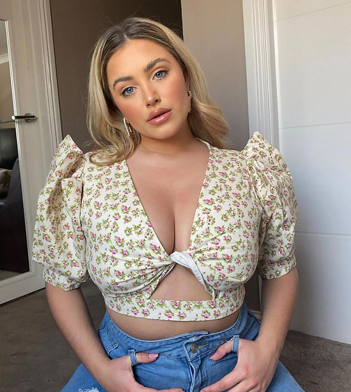 Asos Design Curve Denim Puff Sleeve Floral Top-multi