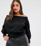 Asos Design Curve Shirred Bardot Top In Plisse - Black