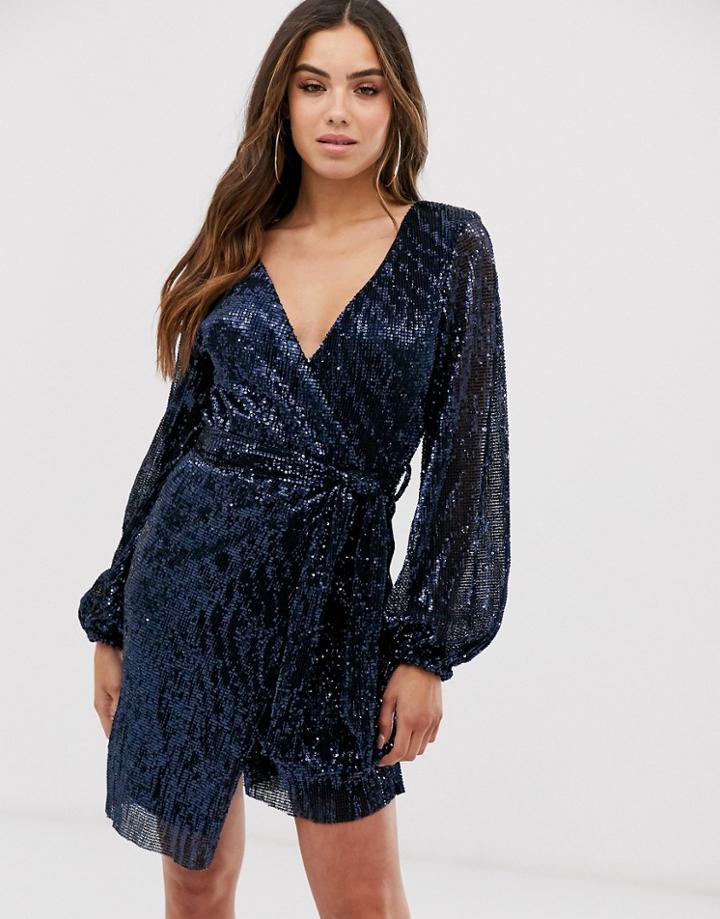 Club L London Sequin Plisse Wrap Front Long Sleeve Midi Dress-navy