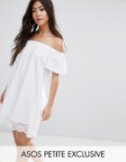 Asos Petite Off Shoulder Mini Dress With Lace Hem - White