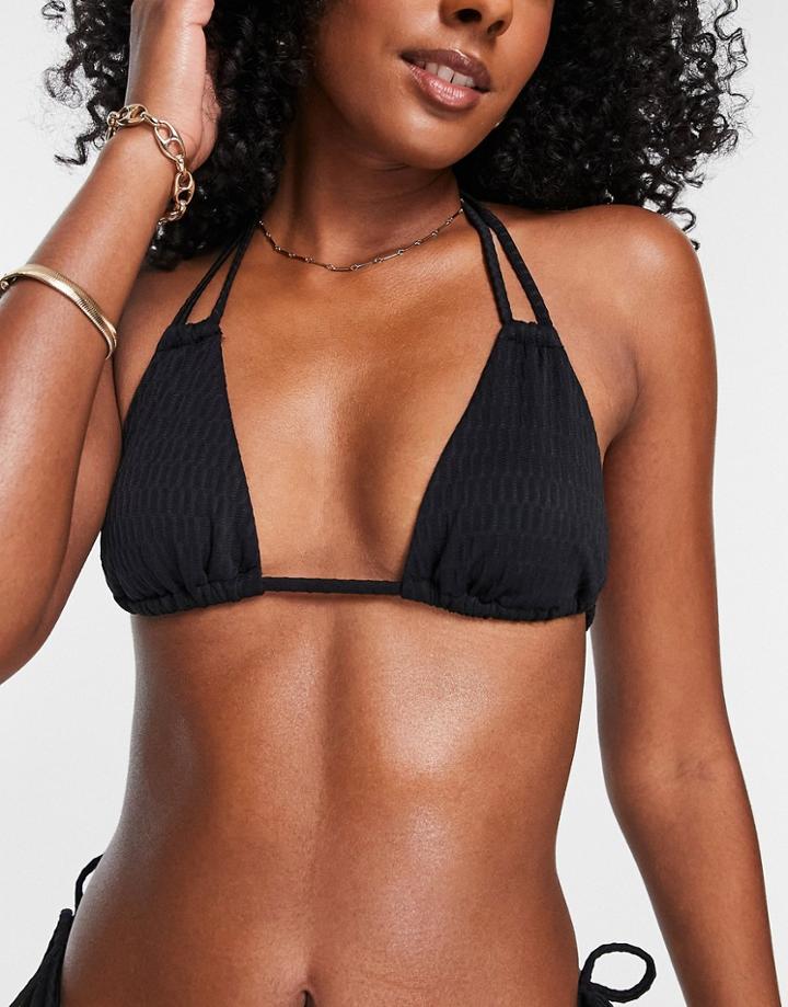 Topshop Textured Double Strap Triangle Bikini Top In Black