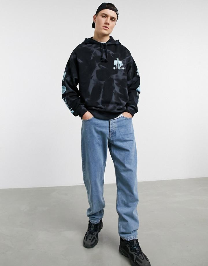 Asos Design Oversized Hoodie In Black Spray Wash With Sleeve Print