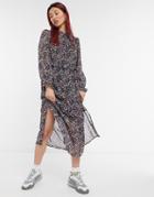 Y.a.s Midi Chiffon Dress With Tie Neck And Front Splits In Black Ditsy Floral-multi
