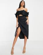 Asos Design 2-piece Off-shoulder Pencil Wrap Tuck Midi Dress In Black