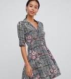 Influence Tall Check And Floral Print Wrap Dress - Gray