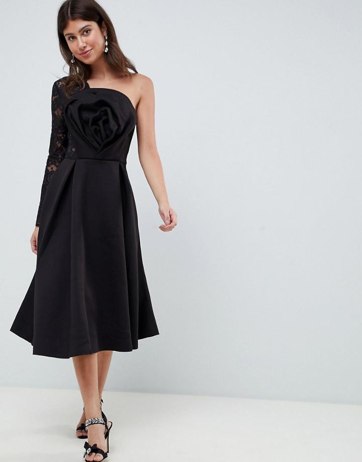 Asos Design Lace Sleeve One Shoulder Origami Midi Prom Dress-black