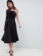 Asos Design Lace Sleeve One Shoulder Origami Midi Prom Dress-black