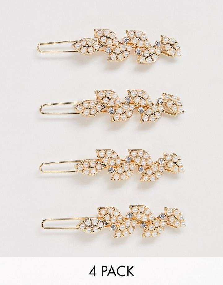 Asos Design Pack Of 4 Hair Clips In Pearl Leaf Design In Gold Tone