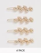 Asos Design Pack Of 4 Hair Clips In Pearl Leaf Design In Gold Tone