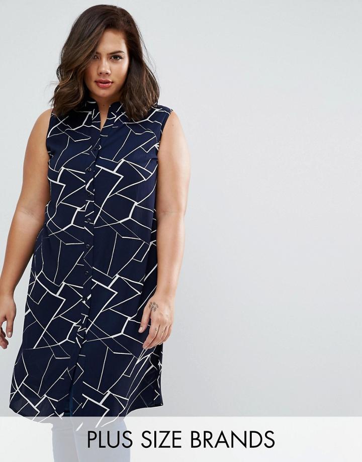 Koko Plus Longline Shirt In Abstract Print - Navy