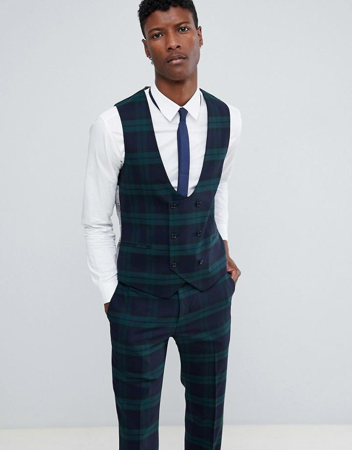 Twisted Tailor Super Skinny Waistcoat In Green Check - Green