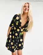 Asos Design Tea Dress With Horn Buttons In Lemon Print-multi