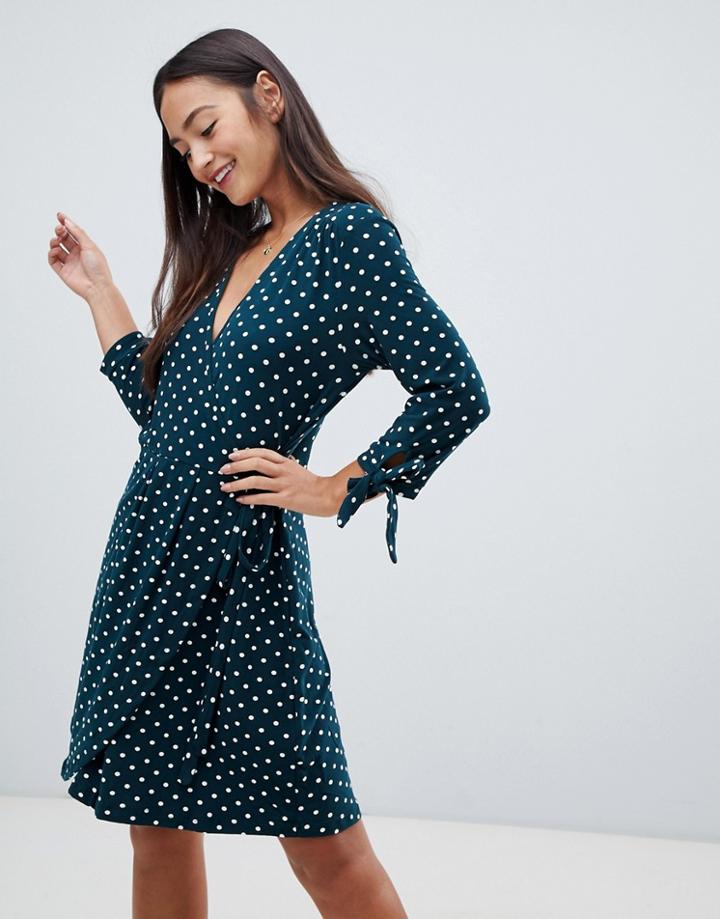 Qed London Polka Dot Wrap Dress With Tie Sleeve - Green